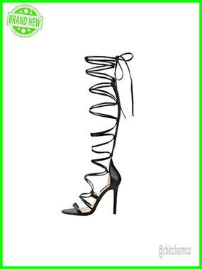Gladiator Knee High Sandals Open Toe Lace Up Criss Cross Strappy Stiletto Heels